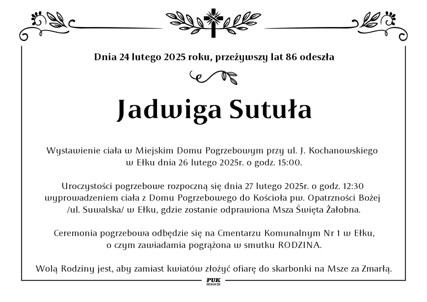 Jadwiga Sutuła - nekrolog